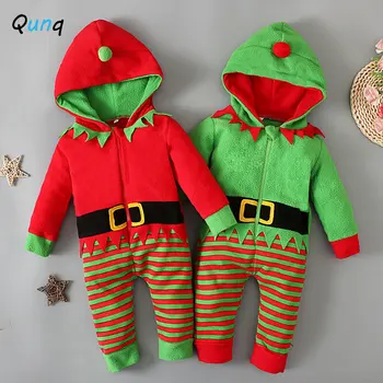 Qunq INS/ Зимна Коледна Дрехи За малките момчета и момичета, Гащеризон с дълъг ръкав и качулка с цип, всекидневни, детски тела от 0 до 2 години