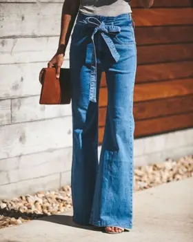 Най-новите дамски сини дънкови панталони, дълги обикновена панталони с висока талия, широки разкроена панталони, дънки, ежедневните дънки с подвижен колан