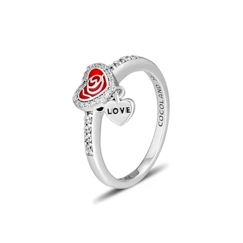 Пръстени Love In My Heart с ягодно-червено емайл и Прозрачен CZ 100% Автентични 925 сребро-Бижута Безплатна доставка