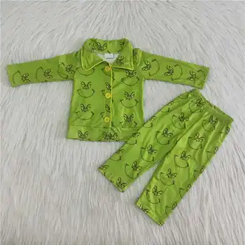 Забавна коледна пижама от зелен лице за малки момчета, жилетка с ревера и бутони, детска мека пижама, зимни комплекти от 2 теми, търговия на едро