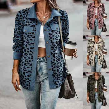 2022 жените в есенно-зимната мода яке с дълги ръкави и леопардовым принтом на копчета, женски палта