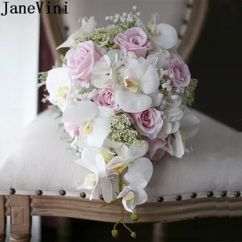 JaneVini 2020 Водопад Розова Роза Сватбени Букети, Цветя за Булки Капчици Изкуствена Бяла Орхидея Булчински букет de fleur
