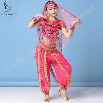 Индийски костюм за танци, детски костюм за танци в Боливуд за момичета, комплект детски дрехи (шапки, завеси, топ, колан, панталон, колие, обеци)