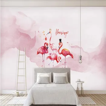 XUE СУ Потребителски стенни тапети Nordic ins розова акварел двойка фламинго фонова стена в детска стая