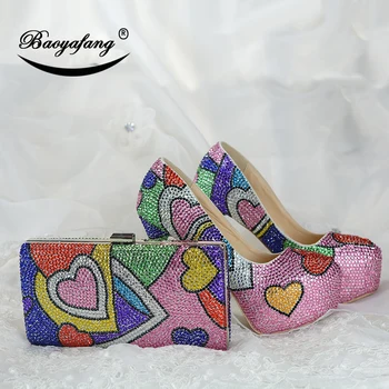 Цветни сватбени обувки cyrstal с подходящи чанти, модни обувки, дамски обувки-лодка на висок ток, вечерни модела обувки, голям размер на 43