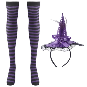 Хелоуин Шапка Вещица Превръзка на Главата + Дълги Шарени Чорапи До Коляното Чорапи за Хелоуин Вечерни Сувенири за Доставка Cosplay Костюм за Жените