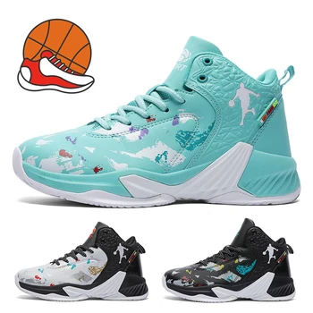 Модни баскетболни обувки, мъжки износостойкая нескользящая баскетболно тренировочная обувки в контрастен цвят, високи маратонки дантела