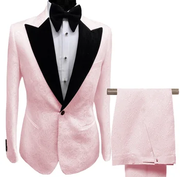 2020 Розови мъжки костюми с Пикантен Етикет, Официален костюм на Младоженеца за бала, Костюм от 2 теми, Смокинг с шарките на Сватба (Сако + панталон)