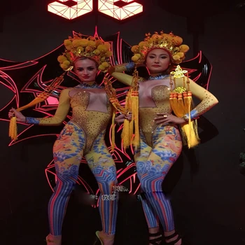 Китайски народен танцов костюм Древен Китайски Император Костюм Баня стил на едно парче DS певицата dj екип гого бар костюми мъже, жени