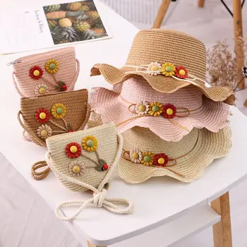 Летни детски дамски солнцезащитная шапка, чанта, комплект, сламена шапка принцеса, улични цветни аксесоари, плажна детска шапка от слънцето