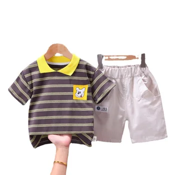 Лятна тениска с къси ръкави за момчета + брючный костюм, тънък детска лятна Красива модни детски дрехи, Комплекти, дрехи от 0 до 4 години