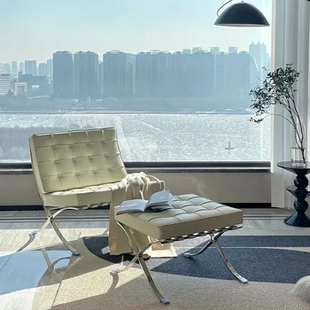 Стол минималистичен кожена малък апартамент хол, балкон стол за почивка модерен лек луксозна единична разтегателен фотьойл, стол за почивка