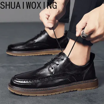 Летни мъжки обувки Великобритания, Южна Корея Младежки Костюм Черно Бизнес Рокля Ежедневни мъжки Кожени обувки на Големия Размер, с Кръгло Бомбе 4546