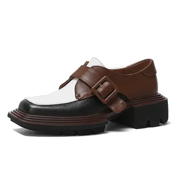 Дамски обувки смесени цветове, Новост 2022 г., Дамски обувки от естествена кожа, Работната Дамски обувки на дебелите обувки с квадратни пръсти, дамски обувки