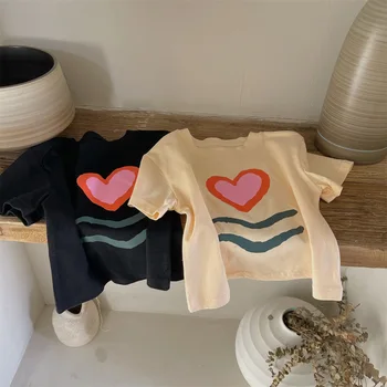 Тениски с къс ръкав и принтом във формата на сърце за момчета и момичета, памучни свободни ежедневни Блузи от 2 до 7 години