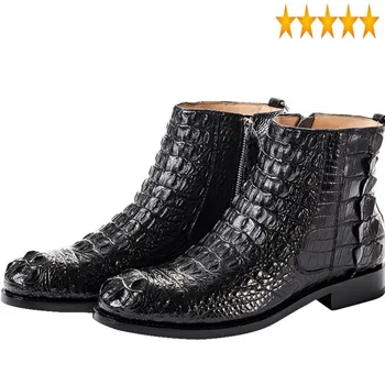 Мъжки Луксозен Официалната обувки от Крокодилска кожа в британски стил с високо берцем, черни Ботильоны от естествена кожа, с кръгли пръсти с цип, 38-44