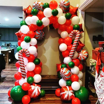 Коледен Балон Венец Арка Комплект 142 бр. Коледните Червени, Бели Бонбони, Балони Подарък Кутия Балон Забавно Коледно Парти Декор Глобуси