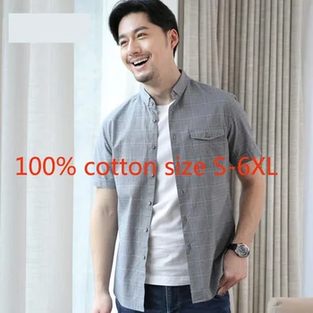 Kaus Kasual Longgar Kotak-kotak Besar Katun Murni 100% Kualitas Tinggi Pria Lengan Pendek Baru Kerah Persegi Ukuran Plus